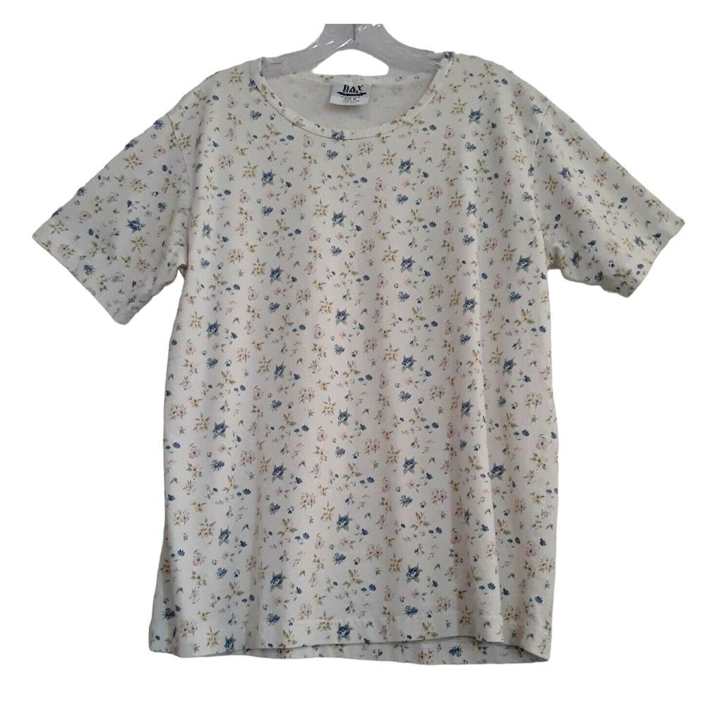Bay Street Top T Shirt Womens Medium White Floral Short Sleeve Vintage